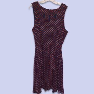 I LE New York Navy Dress Red Orange Polka dot Sleeveless Scoop Neck Chiffon Blue